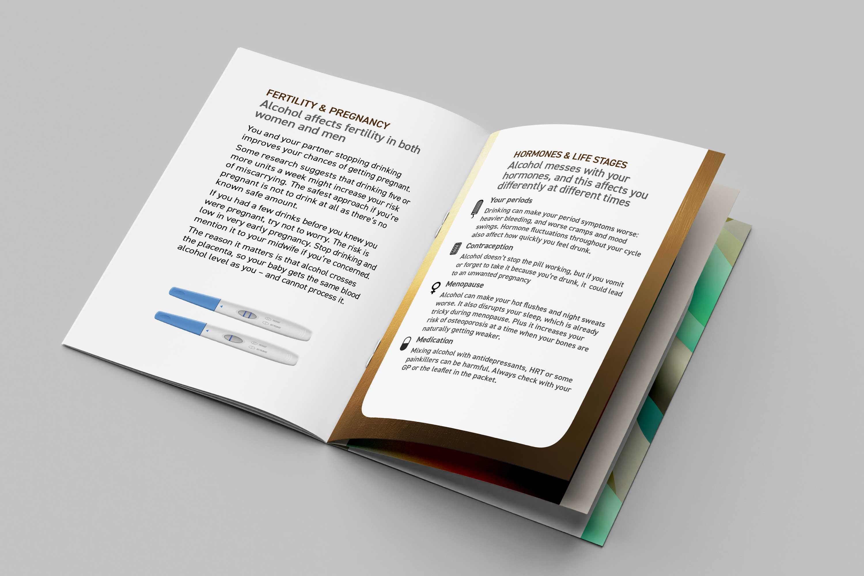 Pages from the Women and Alcohol resource on fertility, pregnancy, hormones, and menopause.